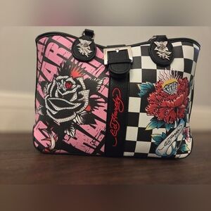 NWT Viral Ed Hardy tote shoulder bag Black and Pink Graphic Rhinestone Tote Bag